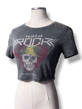 K. JEN Grey Acid Washed Low Crew Neck Cropped Top “Hard Rock” Skull Graphic
